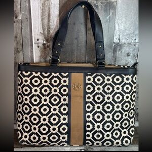 Spartina 449 Carry All Linen and Leather Tote Black and Cream Geometric Pattern